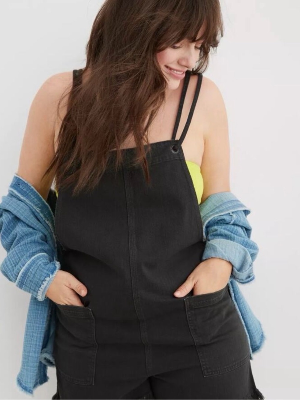 Aerie Double Strap Frayed Shortall in Charcoal / Smoked Gra